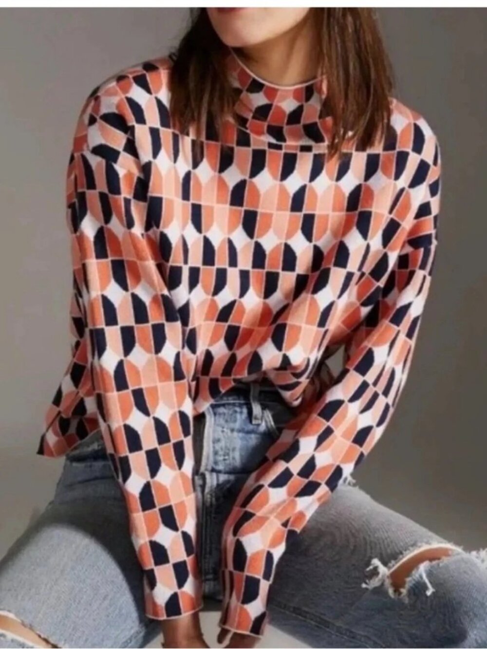 Maeve Carys Geometric Mock Neck Sweater Retro Preppy Academia Peach/Black M